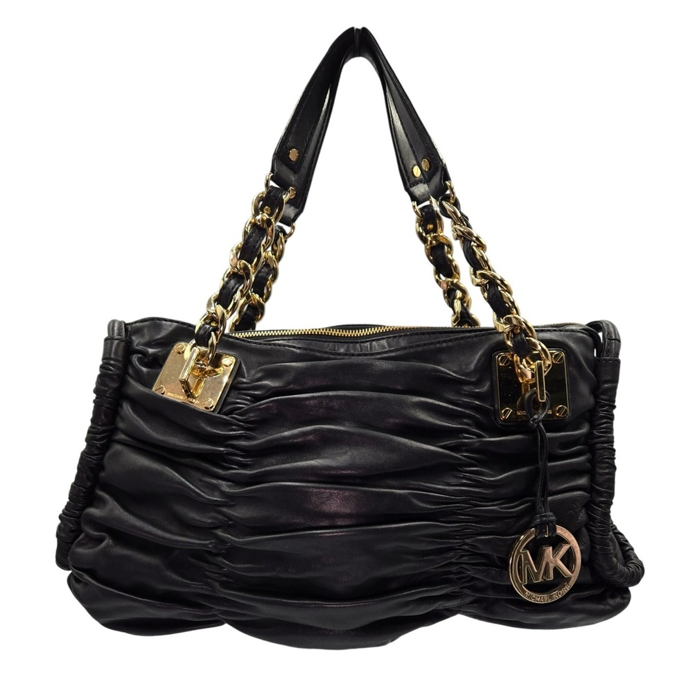 Michael Kors Black Leather Gathered Chain Shoulder Handbag Bag Purse